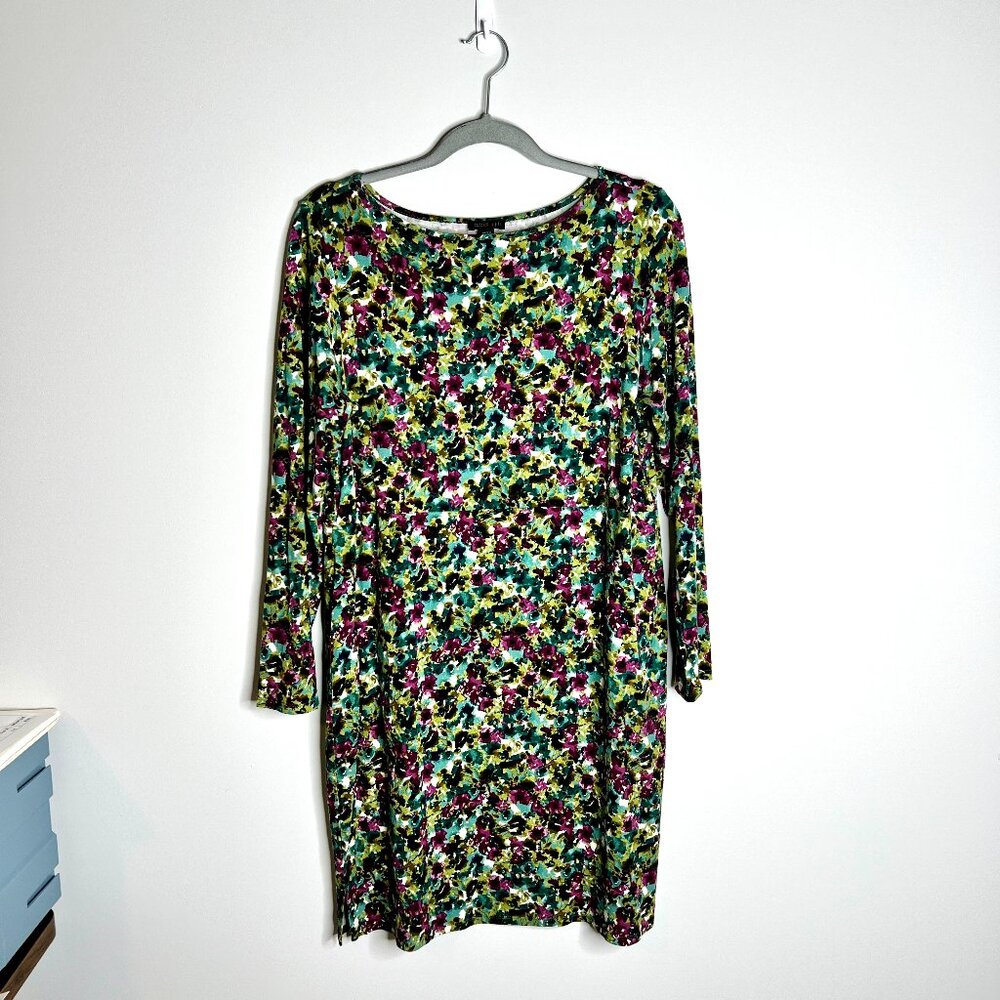 J. Jill WearEver Collection Dark Moody Florals Shift Dress Rayon Spandex Sz MP